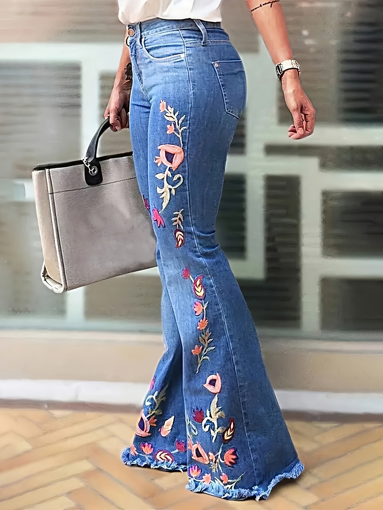 Vintage Floral Embroidered Denim Bell Bottom Jeans for Women - Medium Stretch Woven Fabric, All-Season Flare Pants